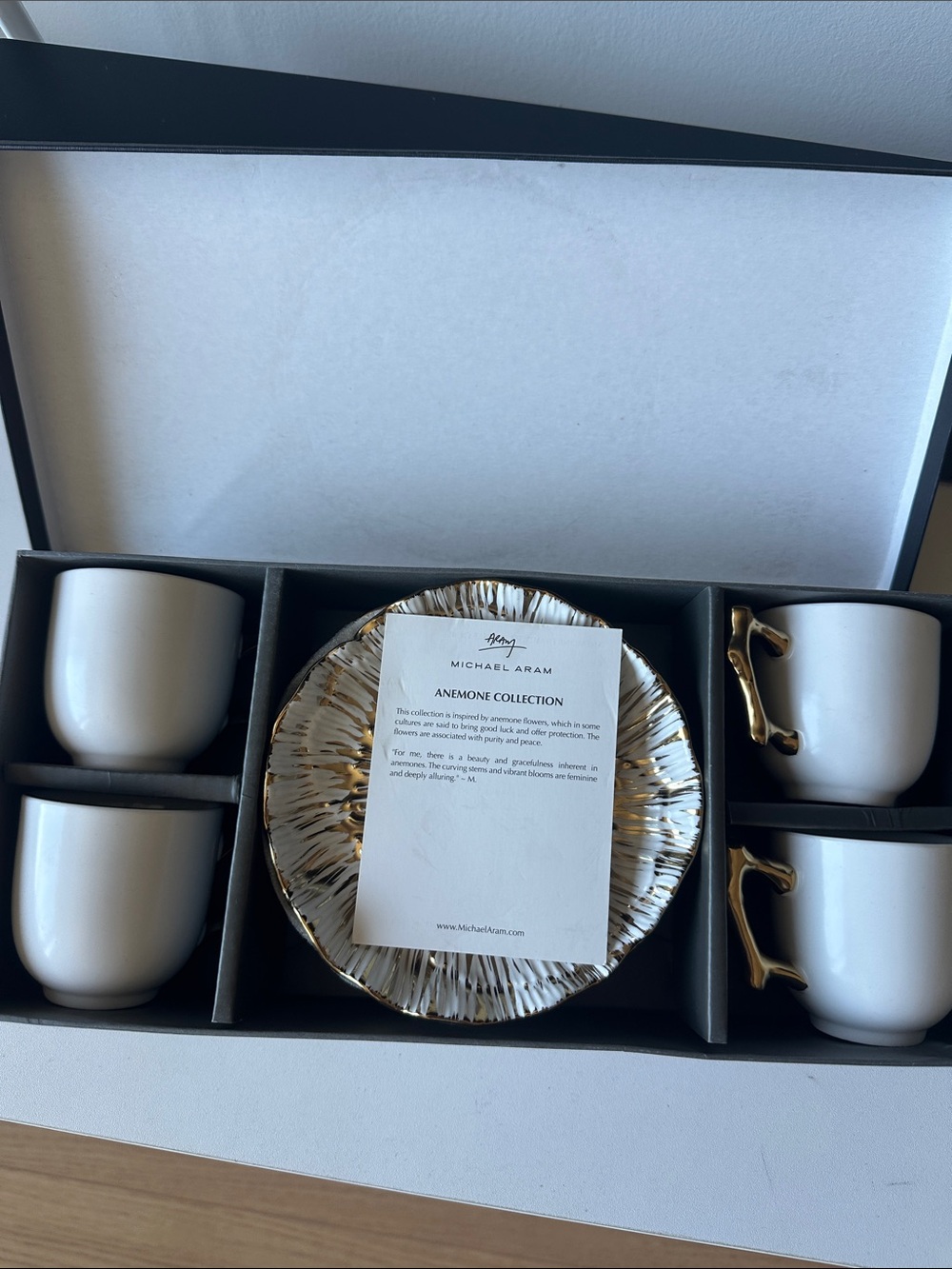 Brand New - Michael Aram White and Gold Anemone Espresso Set